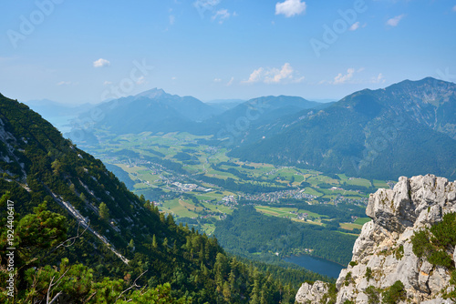 Scenic panoramic view of Bad Ischl seen from the summit of Mount Katrin in the Austrian Alps.