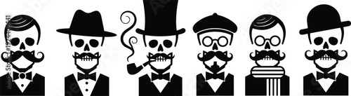 Flat design minimalist gentleman skull icon set with mustaches hats bow ties smoking pipe and monocle in row black white