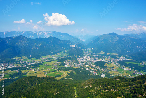 Scenic panoramic view of Bad Ischl seen from the summit of Mount Katrin in the Austrian Alps.