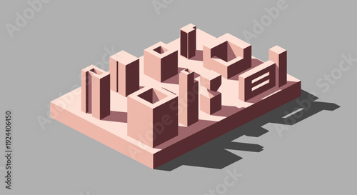 Abstract Isometric Cityscape with Geometric Blocks and Shadows.