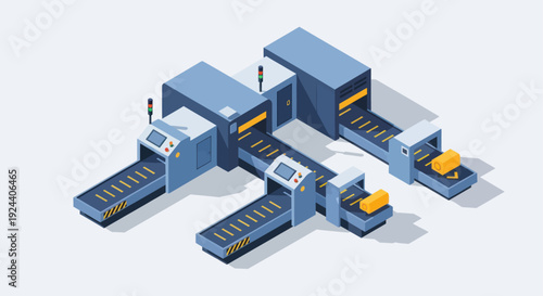 Automated Factory Production Line with Conveyor Belts and Robotic Arms.