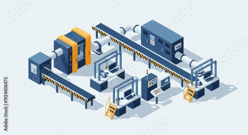 Automated Factory Production Line with Robotic Arms and Conveyor Belts.