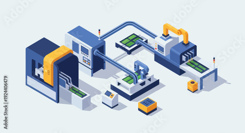 Automated Factory Production Line with Robotic Arms and Conveyor Belts.