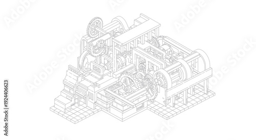 Detailed isometric line art drawing of complex industrial machinery.