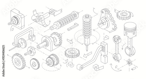 Detailed Isometric Line Art of Various Engine Parts and Mechanical Components.