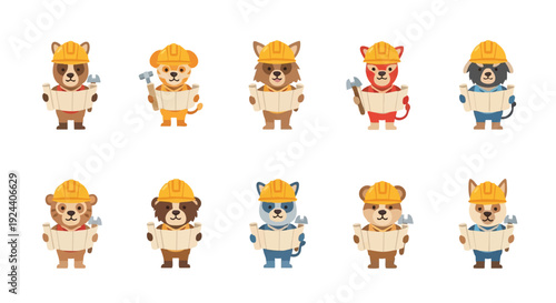 Cute Cartoon Animal Construction Workers Vector Set with Hard Hats, Blueprints & Tools. Adorable builders, engineers, and architects for kids' projects.