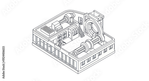 Detailed isometric line drawing of a complex industrial machine with various components.