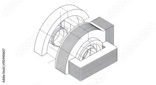 Detailed isometric line drawing of an electromagnetic device with coils.