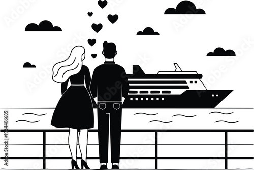 Flat design romantic couple standing at waterfront railing holding hands looking at cruise ship with hearts overhead backlit evening silhouette