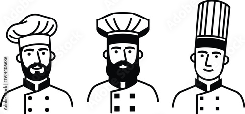 Minimalist line art vector three chefs front view wearing distinct tall toque hats smiling with beards and double breasted uniform buttons