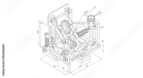 Detailed technical drawing of a complex industrial machine with multiple components.