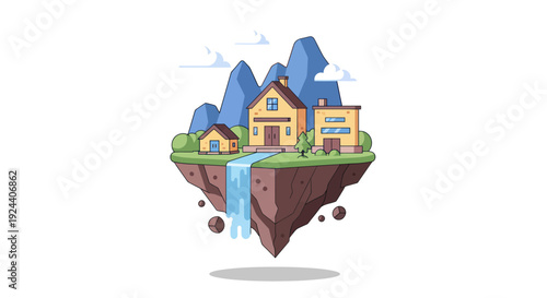 Floating Island with Houses and Waterfall Fantasy Landscape.