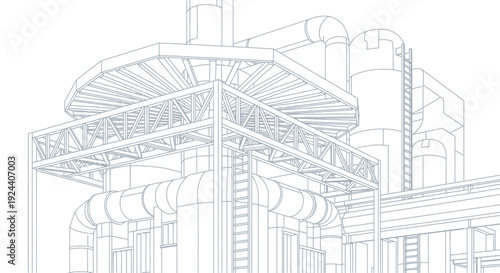 Industrial factory building blueprint with pipes and structures.