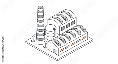 Industrial factory building with smokestack and storage tank in isometric line art.