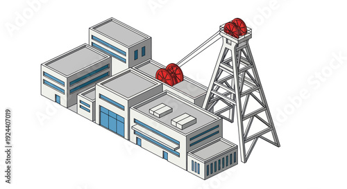 Industrial factory complex with mining tower and machinery.