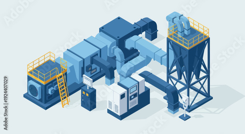 Industrial factory equipment and machinery complex isometric view.