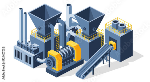 Industrial factory processing plant with machinery and conveyor belt.