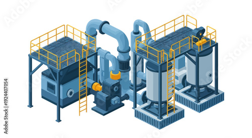Industrial factory plant with pipes and tanks isometric illustration.