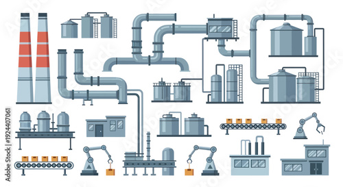 Industrial Factory Production Line and Manufacturing Plant Elements.