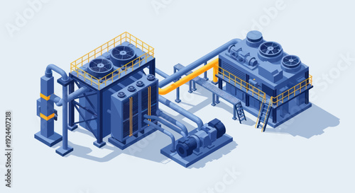 Industrial Manufacturing Plant with Cooling Towers and Processing Units.