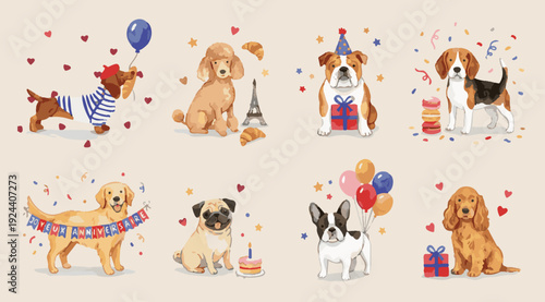 Cute French puppies. Birthday and anniversary dogs with Paris icons, hearts, confetti, gifts, art. Collection of Vector illustrations. Perfect for invitation, card, poster, banner, decoration