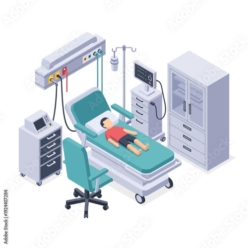 Child Patient in Hospital Bed with Medical Equipment.