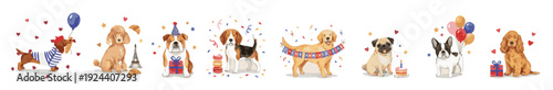 Cute french puppies collection. Cute birthday party dogs with balloons, gifts, confetti, French clipart set. Collection of Vector illustrations. Perfect for invitation, card, poster, banner, decoratio