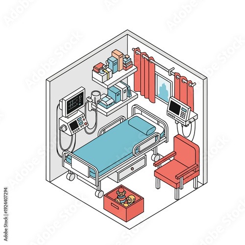 Hospital Room Interior Isometric View with Medical Equipment and Bed.