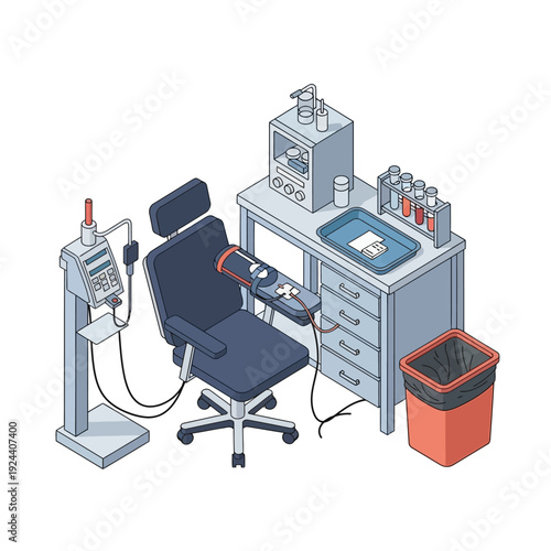 Medical examination room with blood donation equipment.