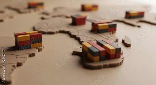 Wooden world map with miniature multicolored shipping containers placed on different continents connected by carved routes on neutral background with shallow depth of field.