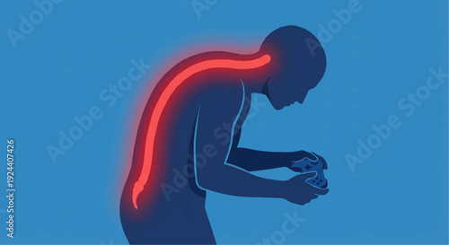 Extreme bad posture vector illustration showing glowing red curved spine holding gaming controller.