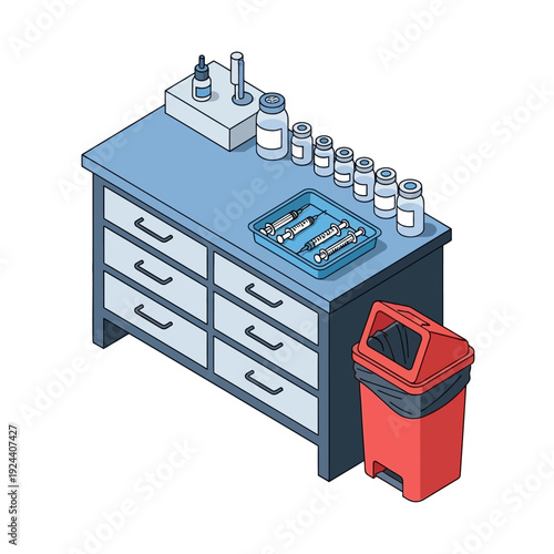 Medical laboratory equipment and supplies on a workbench.