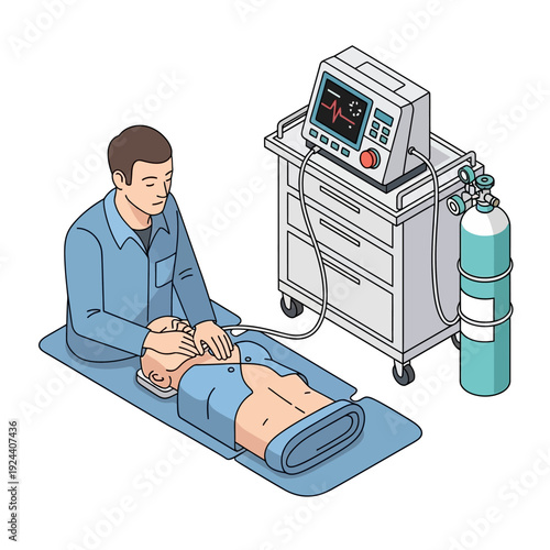 Medical professional performing CPR on patient with advanced life support equipment.