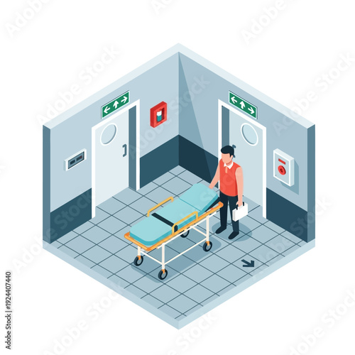 Medical professional with patient gurney in hospital corridor.