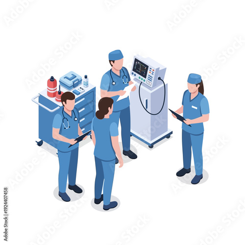 Medical Team Discussing Patient Care Around Equipment.