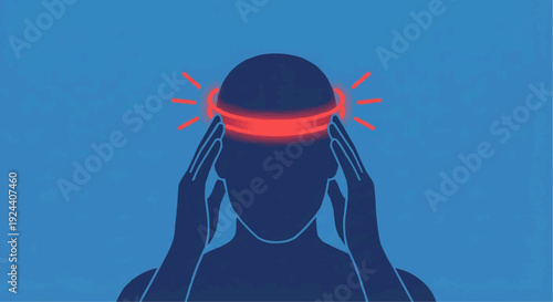 Tension headache vector illustration showing red glowing band around head and hands on temples.