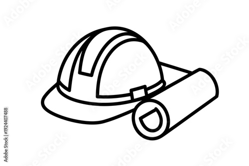 construction hard hat and blueprint icon line drawing, perfect for visualizing engineering projects, professional certifications, and attaining high rank titles in the field.
