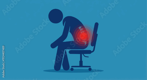 Lower back pain vector illustration with red pain spot on spine from bad sitting posture.