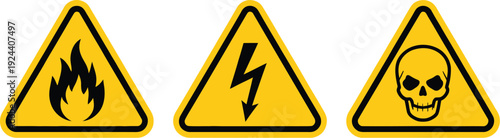 Hazard warning icons set: caution, fire danger, high-voltage symbol, flammable sign, skull and bone risk vector collection.