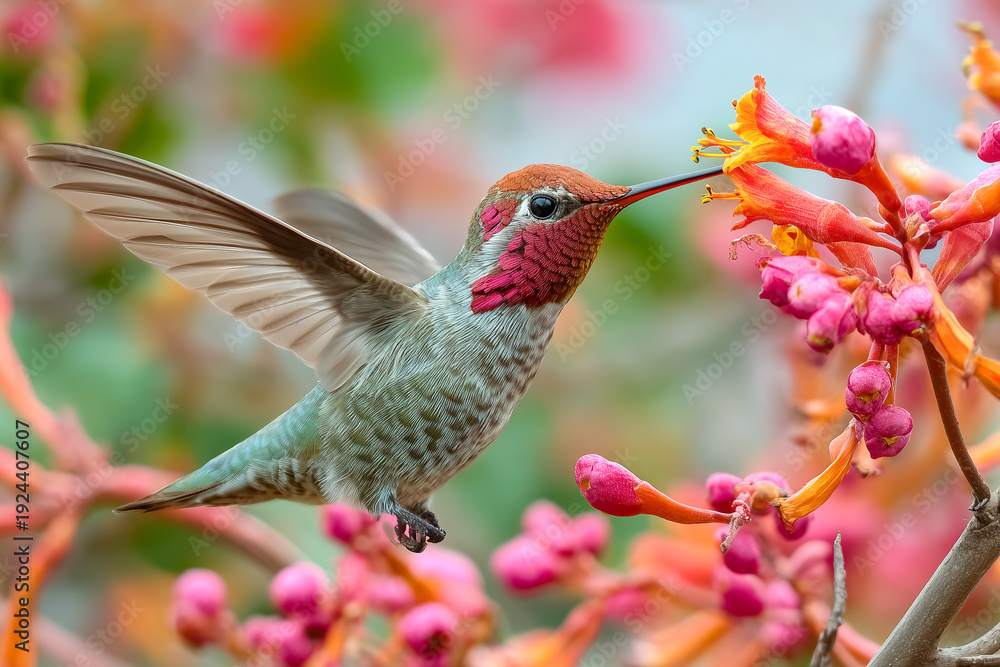 Fototapeta premium Male Anna hummingbird hovering in mid-air and feeding on bright orange nectar flowers. Detailed close-up of a colorful bird with iridescent plumage in a natural garden