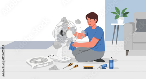 Man working on a DIY repair project at home with tools and equipment nearby.