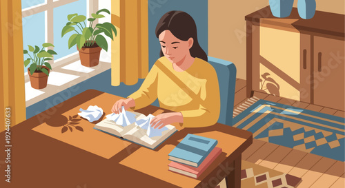 Young student focusing on reading and writing at a cozy home table with books, notebook, and plants by the window.