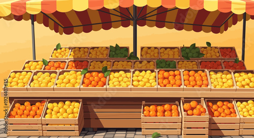 Colorful outdoor fruit market stalls under striped awnings.