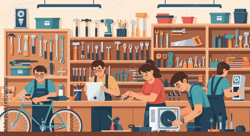 Vibrant cafe workshop with bicycles, customers and craft in a cozy urban interior.