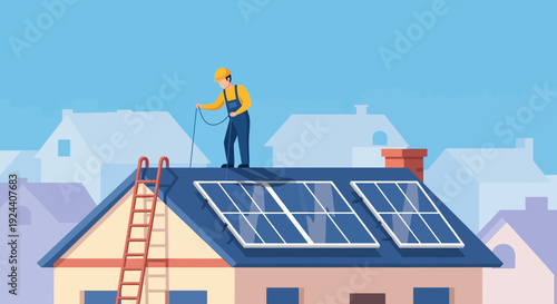 Worker installing solar panels on rooftop home showcasing clean energy technology.