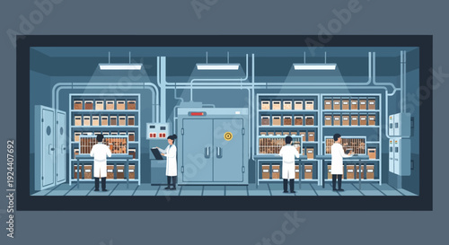 Inside a high tech laboratory, researchers conduct experiments at benches and analyze samples with glassware and equipment.