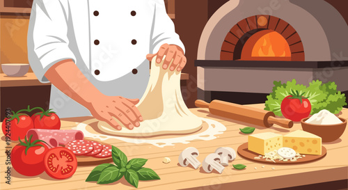 Hands kneading dough near a rustic wood-fired oven with fresh tomatoes, basil, and cheese on the counter.