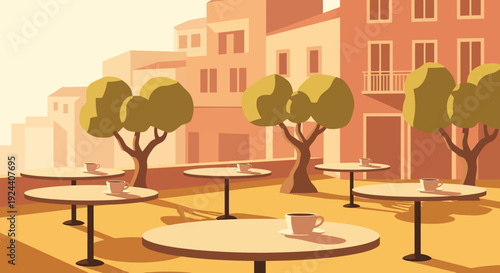 Sunny outdoor cafe seating area with round tables and trees in a warm town square.
