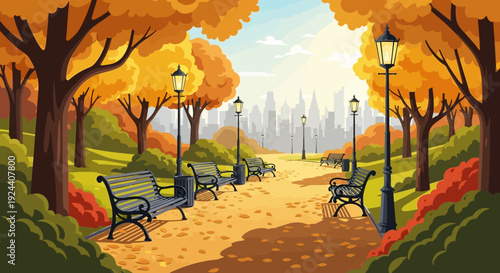 Autumn Park Path with Benches and City Skyline in Distance.