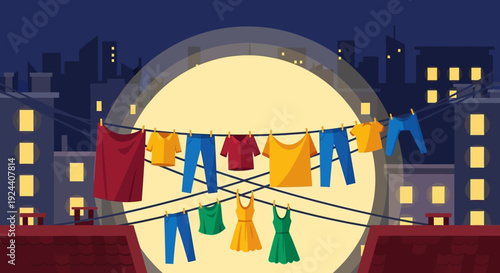 Colorful laundry on a circular clothesline in a city at dusk, urban scene with buildings and windows.